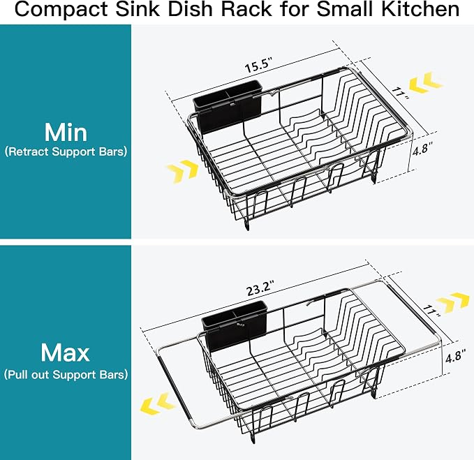 Dish Drying Rack Over the Sink In Stainless Steel Black Expandable Drainer - Image 4