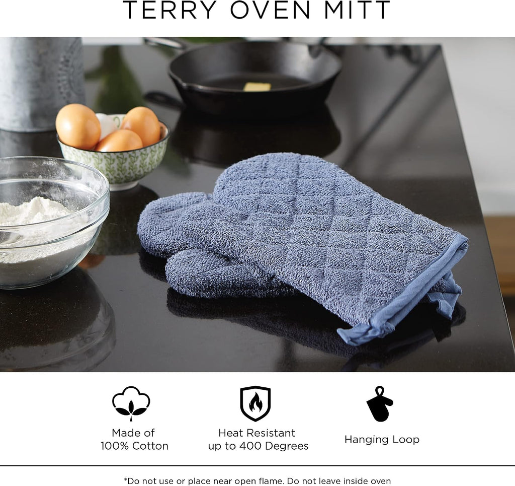 DII Terry Oven Mitts Set of 2, 7x13 Quilted Cotton Oven Gloves, Black