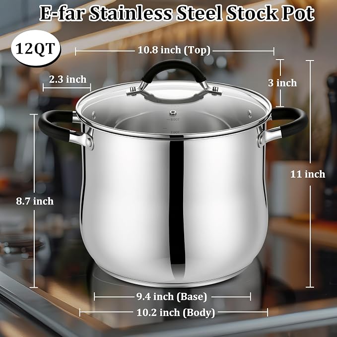E-far 12 Quart Stock Pot, Stainless Steel Pot - Image 2