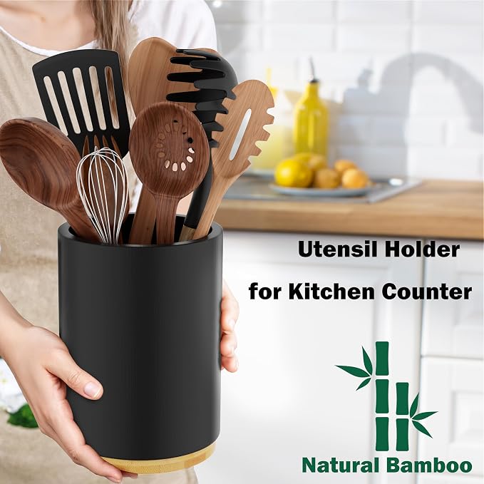Black Utensil Holder Wood Kitchen Utensil Holder - Image 3