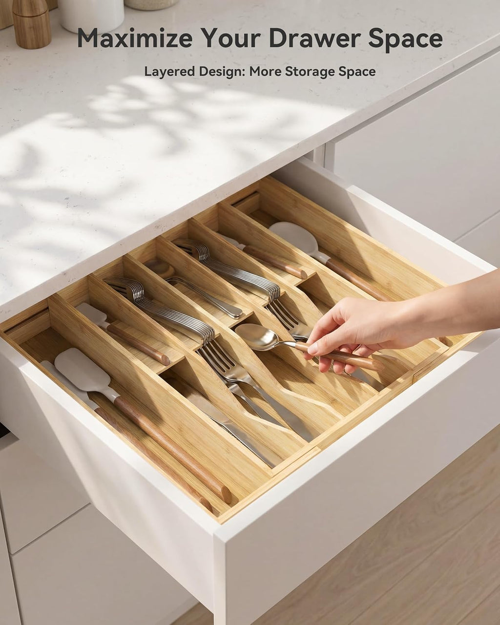 Expandable Utensil Drawer Organizer for Silverware,Bamboo 12 Slot