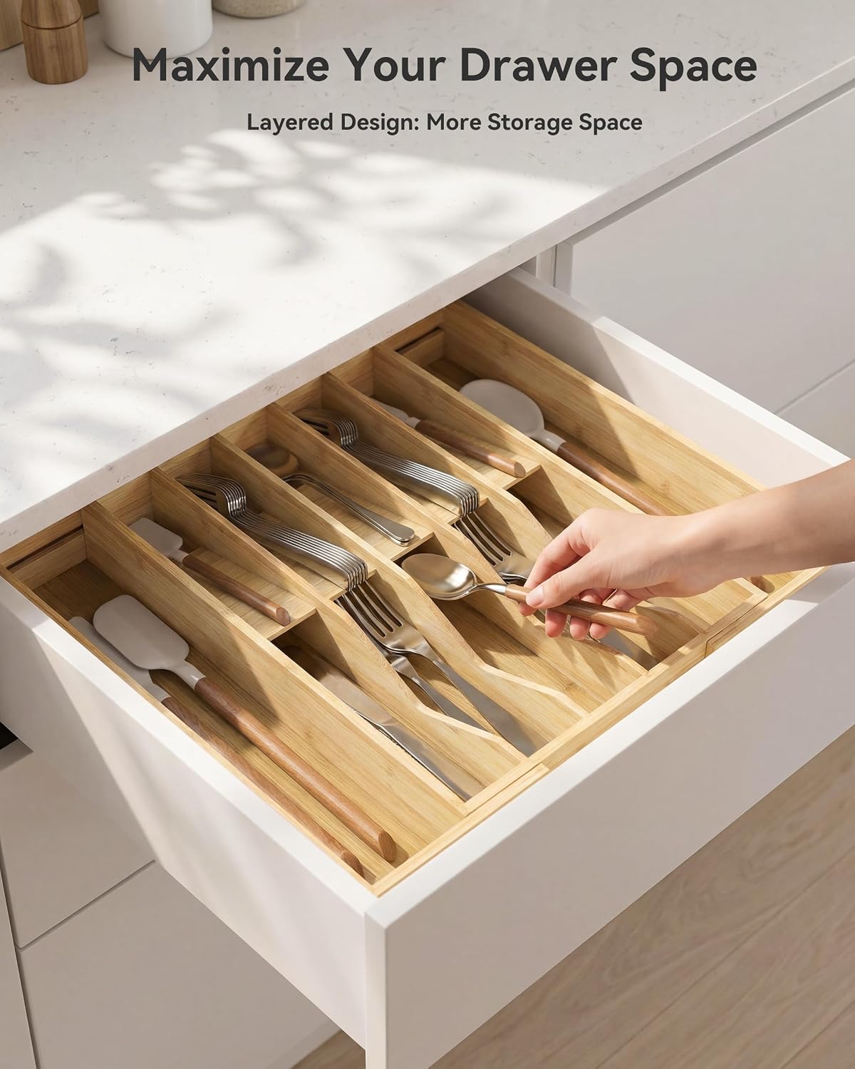 Expandable Utensil Drawer Organizer for Silverware,Bamboo 12 Slot
