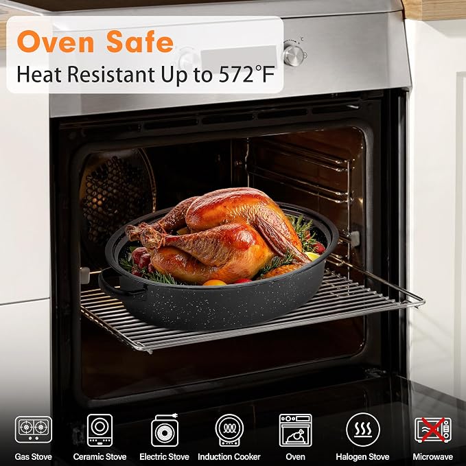 15” Roaster Pan with Lid and Rack, Small Enamel Roaster Pan with Oval Roasting - Image 4