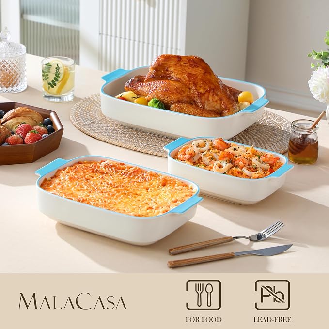MALACASA Casserole Dishes for Oven, Ceramic Baking Dishes Set of 3, Rectangular - Image 3