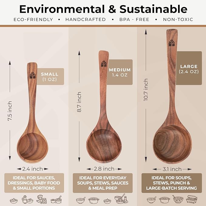 Wooden Ladle for Soup, 3 Size Teak Wood Ladle Spoon - Image 3