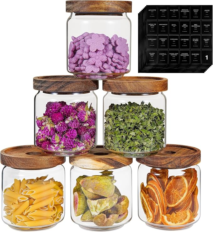 Small Glass Jars with Labels Spice Jar Round Storage Canister with Wooden Lid by Patoper
