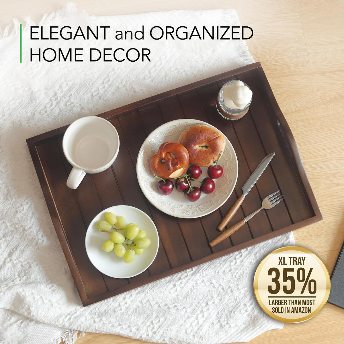 Joy&Grace Large Acacia Wooden Serving Tray with Handles 20 x 14 inch