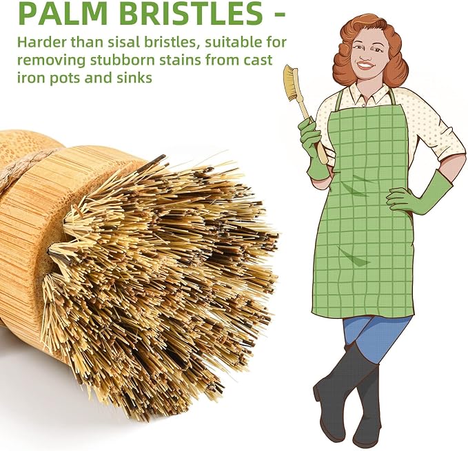 SUBEKYU Bamboo Dish Scrub Brushes, Kitchen Wooden Cleaning Scrubbers Set - Image 3