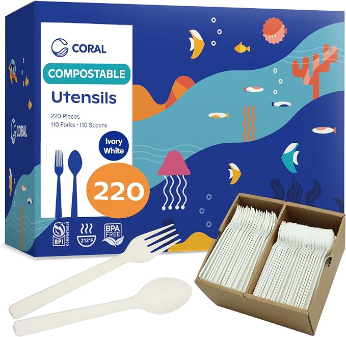 CORAL Ivory White 100% Compostable Spoons & Forks Set by CORAL