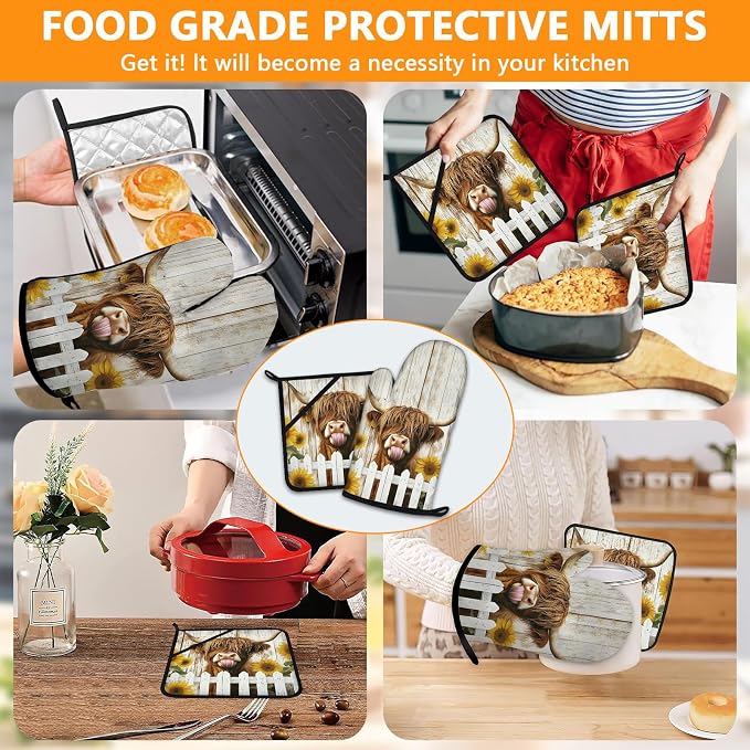 Sunflower Highland Cow Oven Mitts and Pot Holders Sets 4Pcs, Extra Long Oven - Image 7