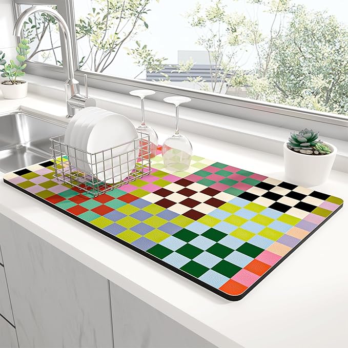 Rnivvi Dish Drying Mat for Kitchen Counter, XL 15 x 24" Cute Checkered by Rnivvi
