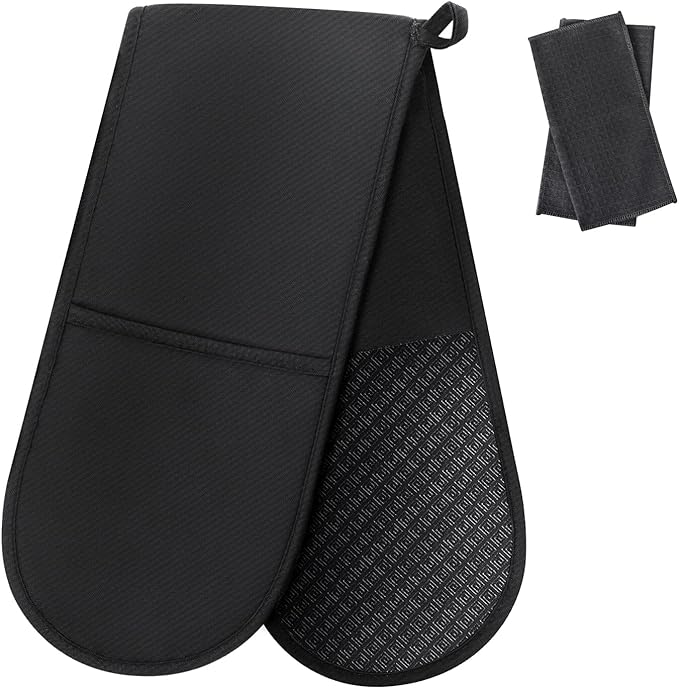 Philorn Black Double Oven Mitts，Heat Resistant 260℃ Waterproof Silicone Glove by Philorn