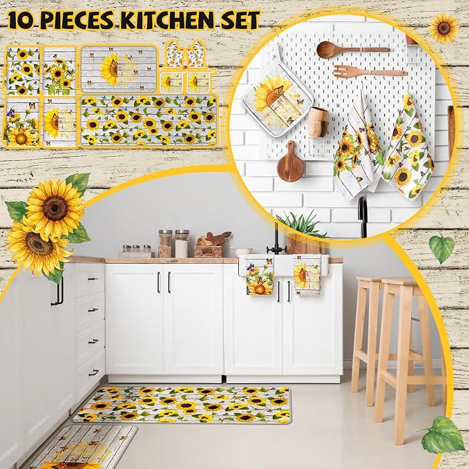 Fourluoo 10 Pcs Sunflower Kitchen Decor Set Butterfly Towels and Rugs Oven - Image 2