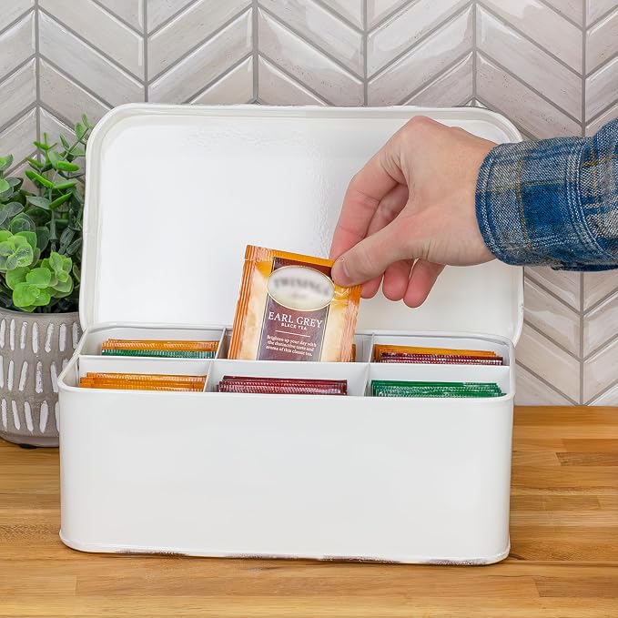 AuldHome Design Farmhouse Tea Bag Box, Vintage Retro Style Enamelware Tea - Image 2