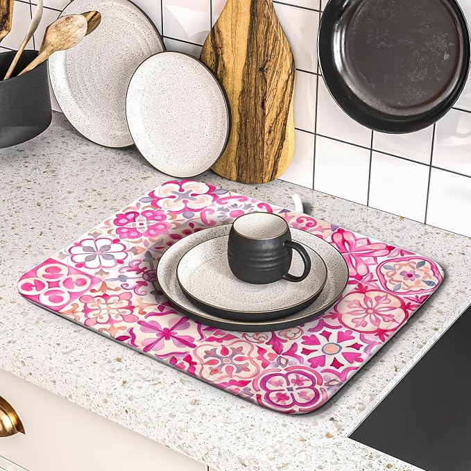 Pink Mexican Tiles Dish Drying Mat Absorbent Microfiber Dish Drying Pad - Image 5