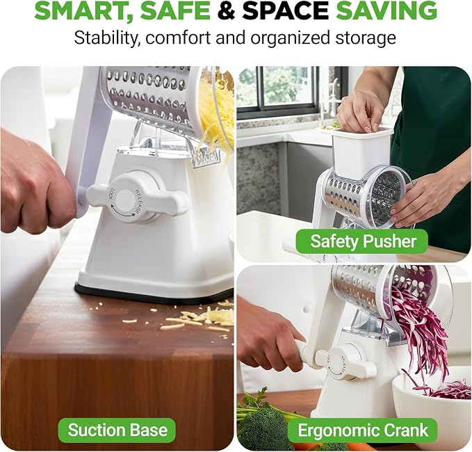 NutriChef 3 in 1 Cheese Grater & Shredder | Strong Suction Base, Rotary Handle - Image 7