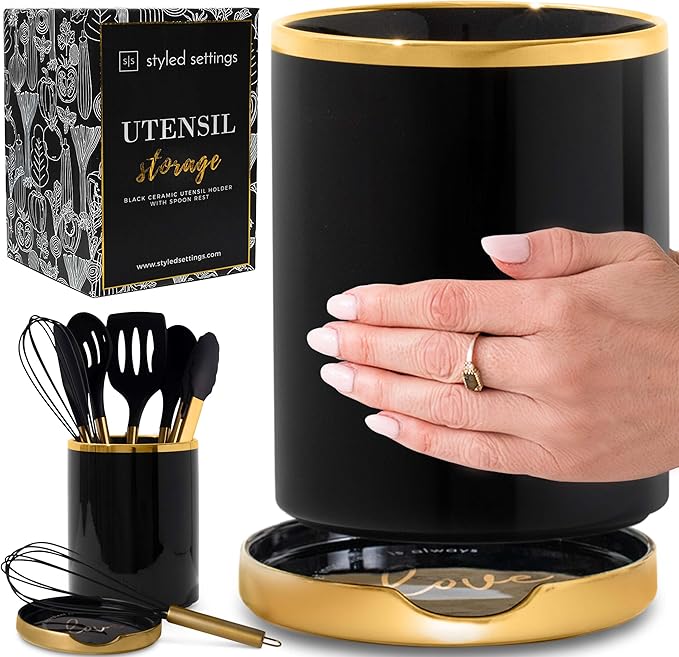 STYLED SETTINGS Black and Gold Utensil Holder by STYLEDSETTINGS