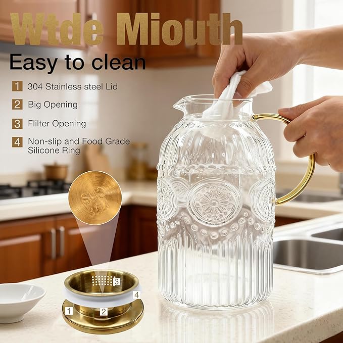 Amzcku Glass Pitcher with Lid, 1 Gallon/128 oz Vintage Water Pitcher, Water - Image 4
