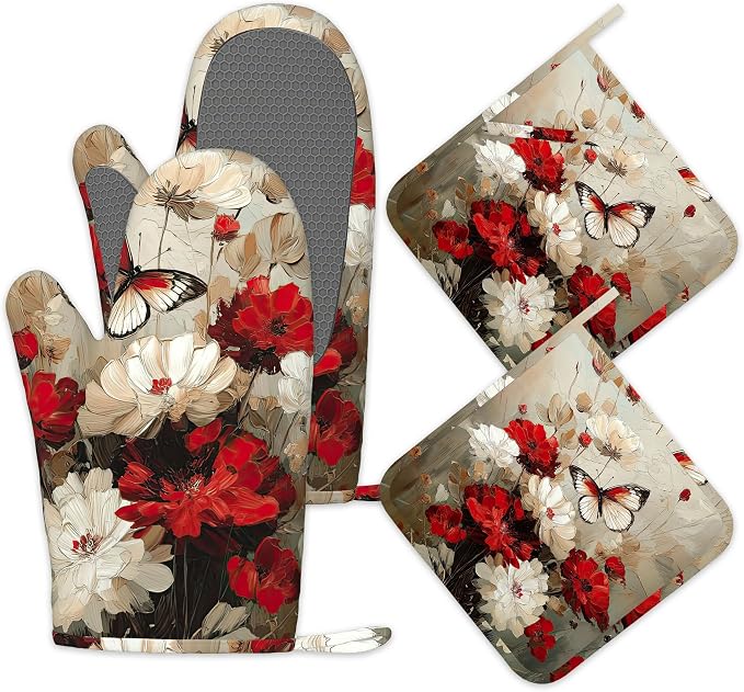 Oven Mitts and Pot Holders White Red Flower Silicone Kitchen Accessories Set of by Unknown
