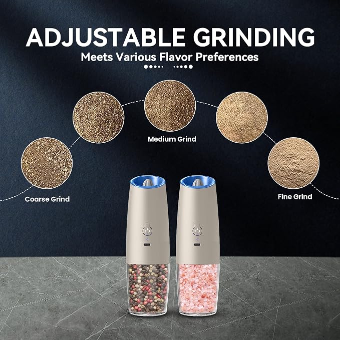 UNNEES Rechargeable Electric Salt and Pepper Grinder set of 2, gravity electric - Image 3