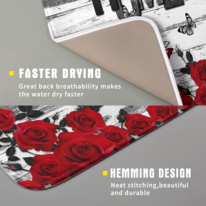 Red Rose Dish Drying Mat 16x18 inch Romantic Floral Absorbent Microfiber Sink - Image 3
