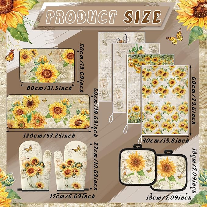 Fourluoo 10 Pcs Sunflower Kitchen Dish Towels Rugs Oven Mitts and Pot Holders - Image 3