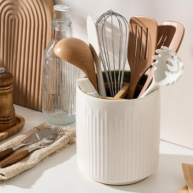 JIEMEI HOME Kitchen Utensil Holder, 7.2" Large Ceramic Stable Utensil Crock - Image 2