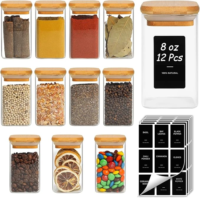 ComSaf 12Pcs Spice Jars with Labels, Glass Jar with Bamboo Lid, 8oz Airtight by ComSaf