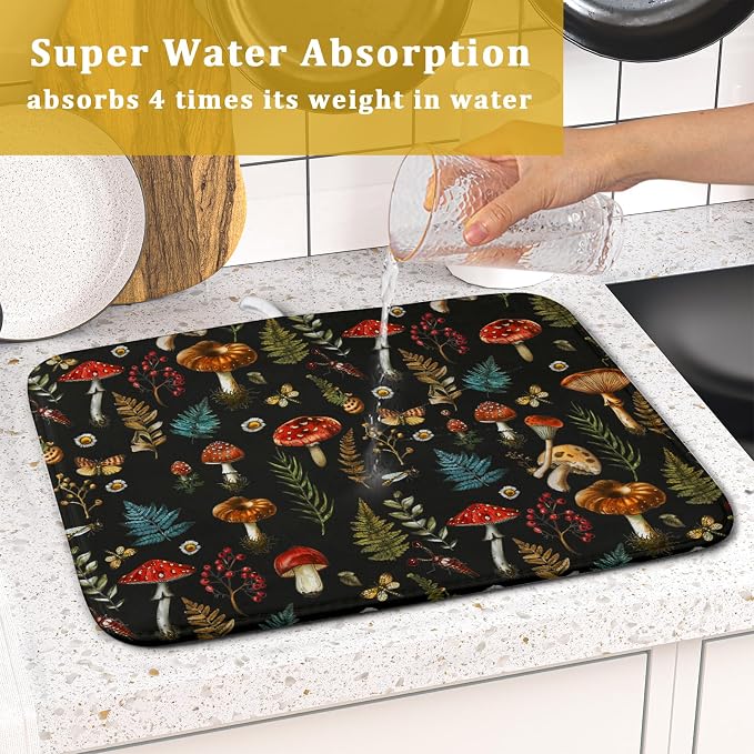 Mushroom Forest Dish Drying Mat Fern Leaves Black Drainer Mat - Image 7