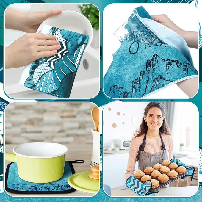 Fourluoo 10 Pcs Landscape Kitchen Dish Towels Rugs Oven Mitts and Pot Holders - Image 6