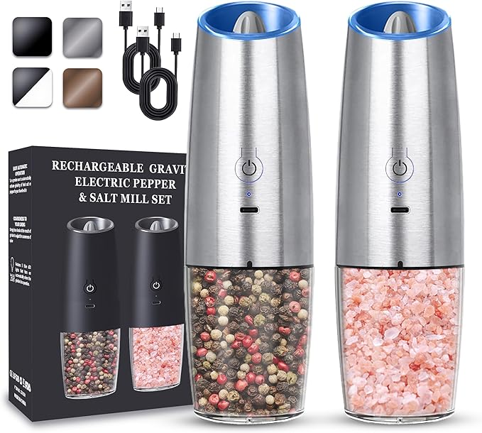 UNNEES Rechargeable Electric Salt and Pepper Grinder set of 2, gravity electric by UNNEES