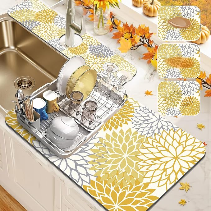 Findosom 2PCS 12" x 20" Fall Dish Drying Mat & 24" x 5.5" Sink Splash Guard by Findosom