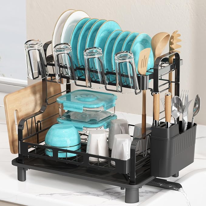 BOOSINY Dish Drying Rack, 2 Tier Large Stainless Steel Black Dish Rack by Boosiny