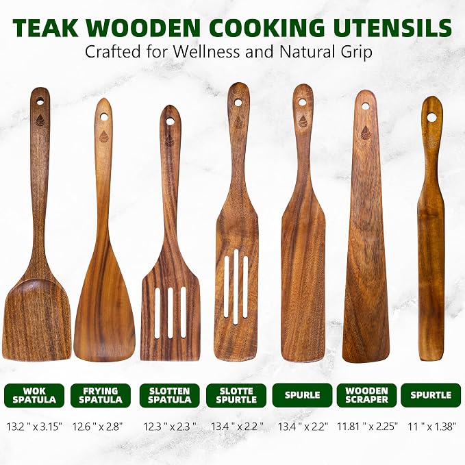 7 PCS Wooden Spatula for Cooking, Natural Teak Wooden Utensil Set, Non-Toxic - Image 2