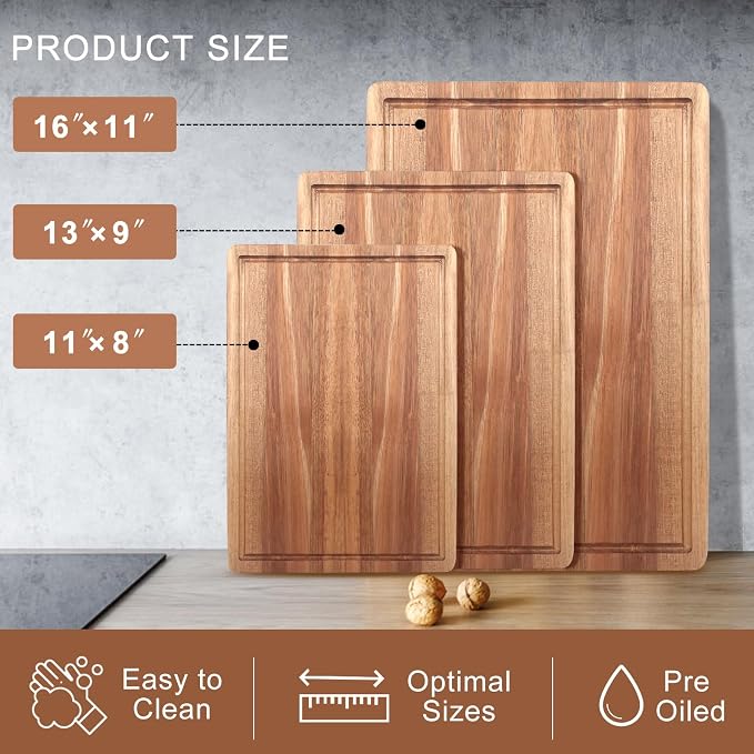 Solid Wooden Cutting Board Set of 3 Acacia Wood Charcuterie Boards Set Hardwood - Image 5