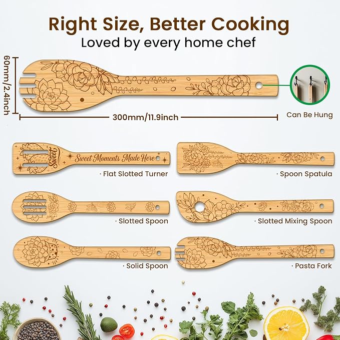CUTHOLLOW 6PCS Succulents Potted Wooden Kitchen Cooking Utensil Set, 11.9in Non - Image 2