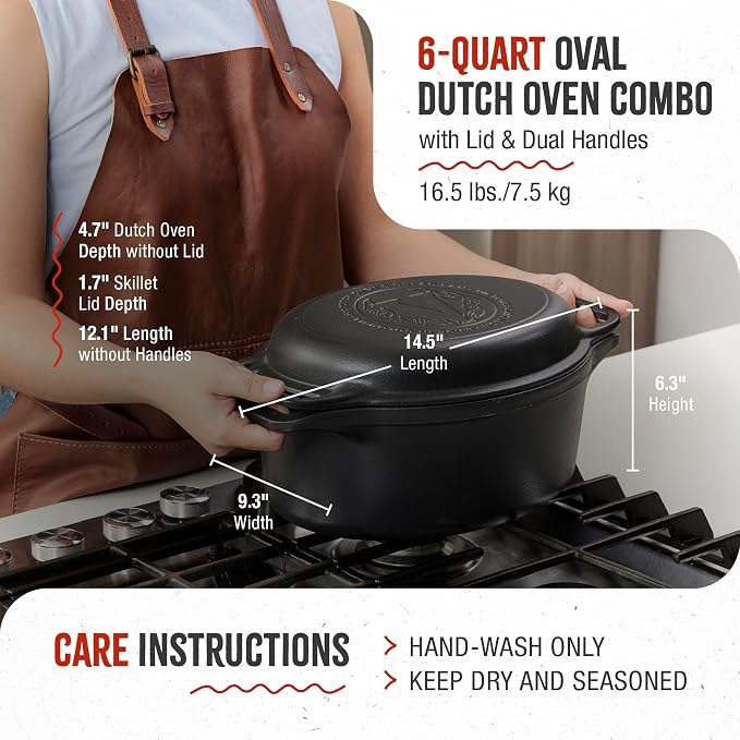Victoria 6-Quart Cast Iron Oval Dutch Oven, Combination Combo Cooker Pot and - Image 6