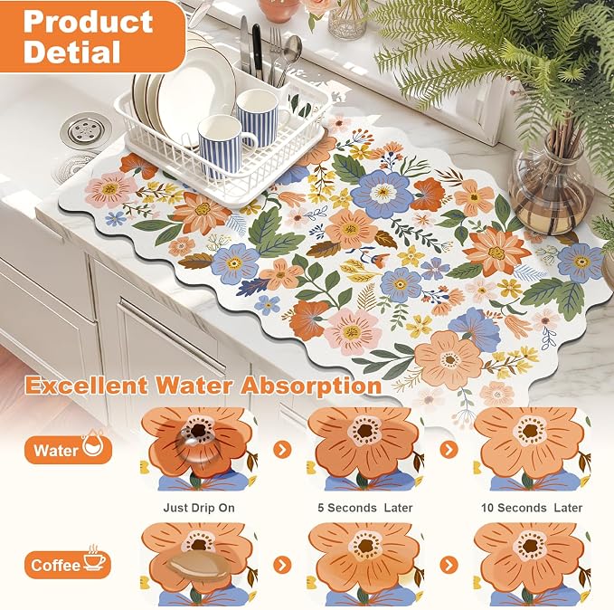 LOKHOM Scalloped Floral Dish Drying Mat, Cuttable Hide Stain Non-slip Drying Mat - Image 3