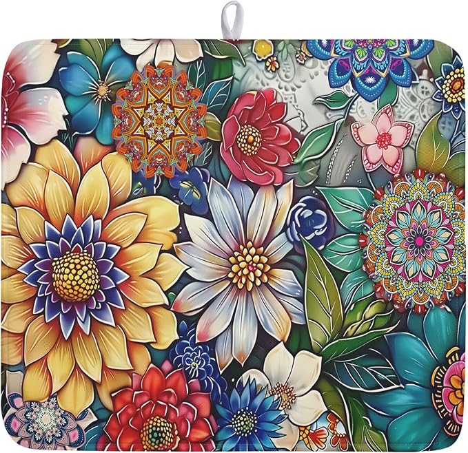 Boho Floral Dish Drying Mat for Kitchen Counter 16x18 Inch Boho Blooming Flower by Kawani