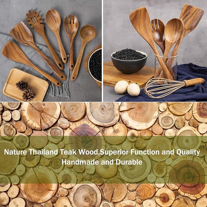 AIUHI 10 Pack Wooden Spoons for Cooking, Teak Wood Kitchen Utensils Set for Non - Image 3