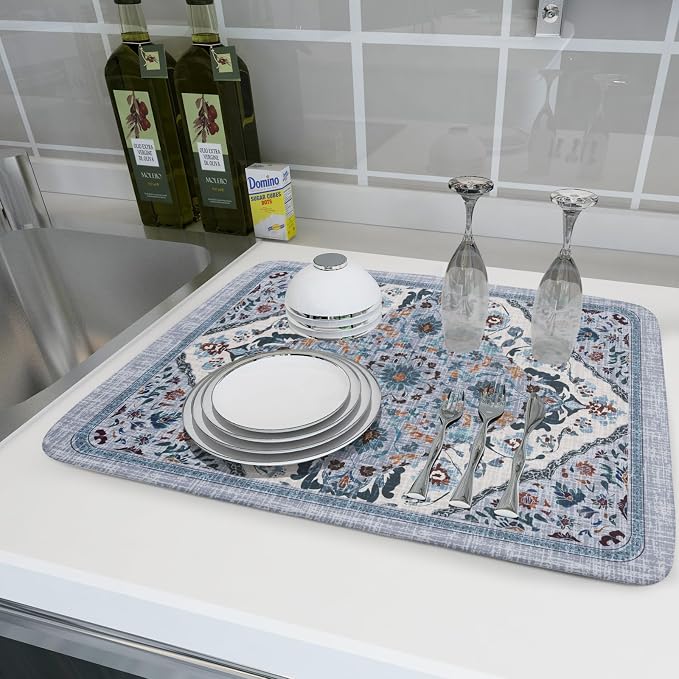 Boho Flower Dish Drying Mat Blue Bohemian Dishes Drainer Rack Mat 18x24 Inch - Image 6