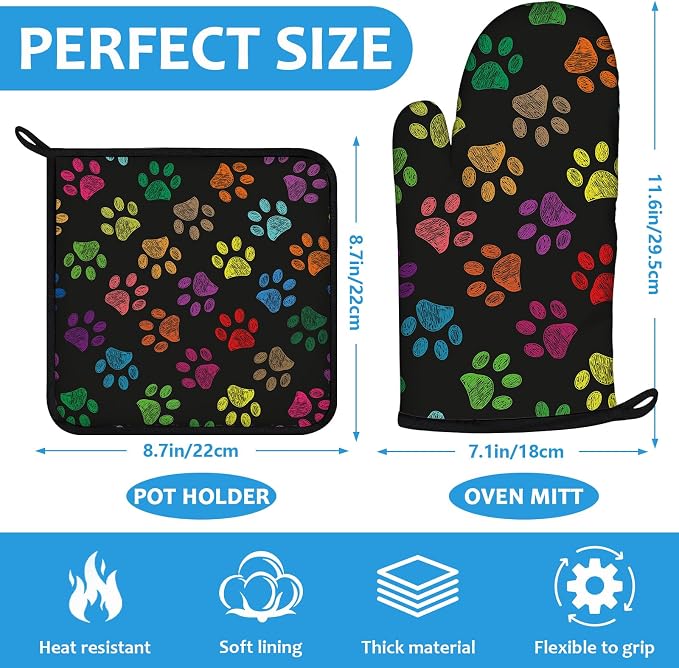 Colorful Paw Print Oven Mitts and Pot Holders Sets Heat Resistant 4Pcs - Image 2