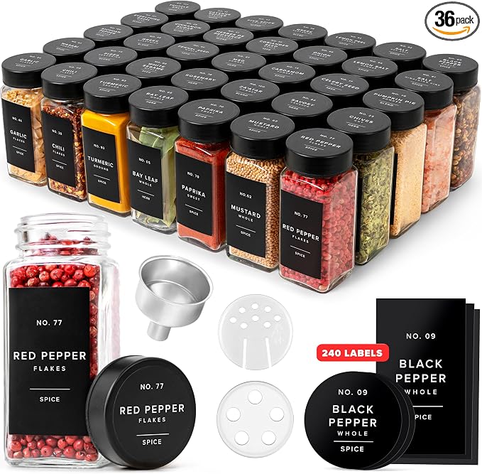 EDELHAUS Glass Spice Jars with Label and Black Lids Spice Containers with 240 by EDELHAUS