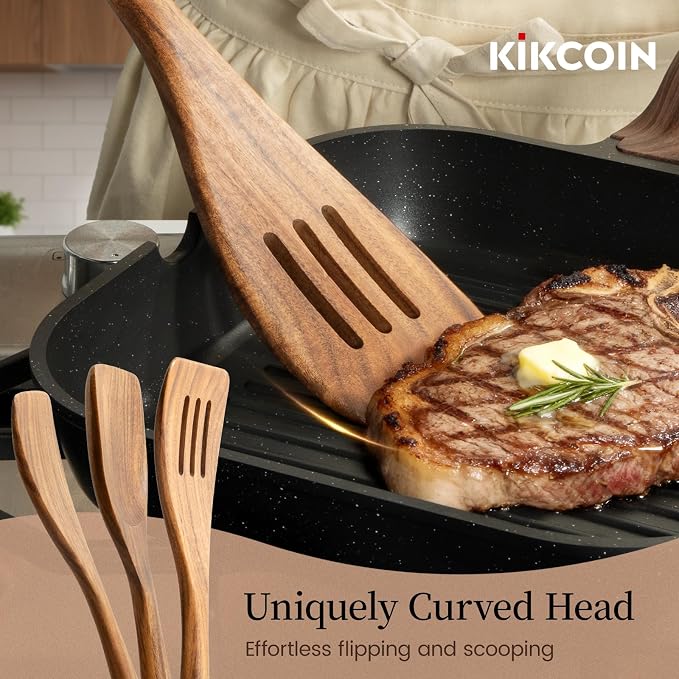 Kikcoin 7 PCS Durable Natural Teak Wooden Cooking Utensils Set, Non Toxic - Image 5