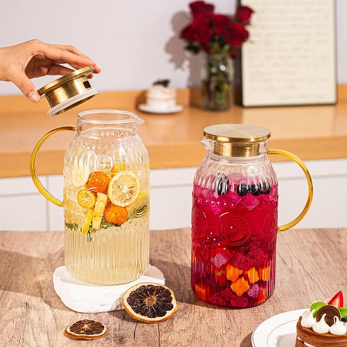 Amzcku Glass Pitcher with Lid, 68 oz/ 2 Liter 2Pack Vintage Water Pitcher - Image 3