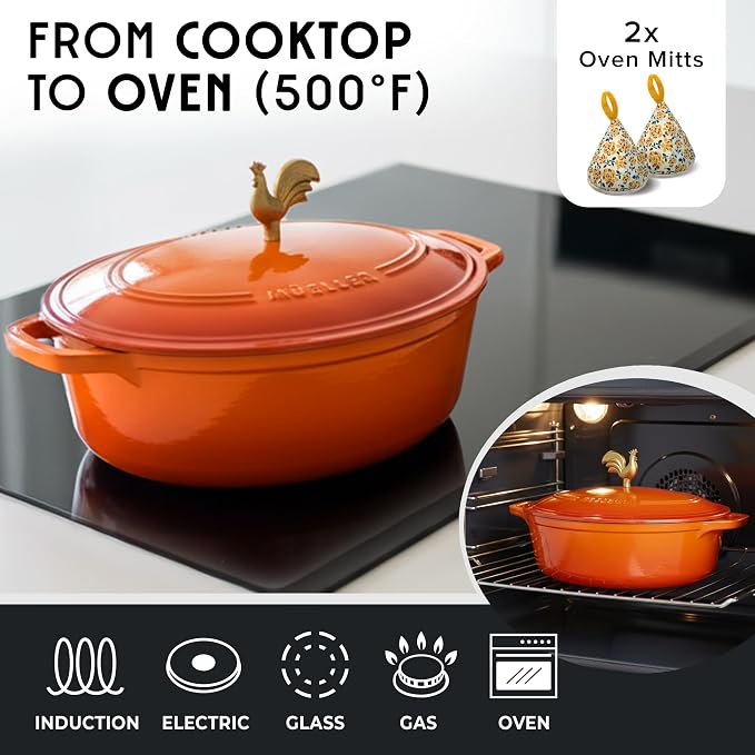 MUELLER HOME 5.5 Quart Enameled Cast Iron Oval Dutch Oven w Rooster Knob & - Image 4