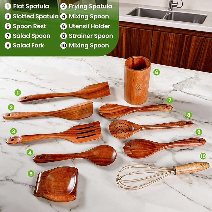 Teak Wooden Utensil Set 10 Piece, Kitchen Cooking Utensils - Image 6