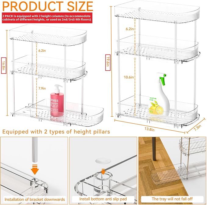2 Pack 3 Tier Large Pull Out Bathroom Organizers and Storage, 13.8″ Deep - Image 2