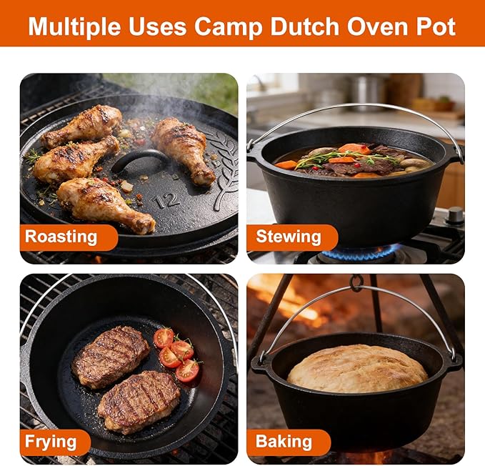 8QT Pre-Seasoned Cast Iron Camp Dutch Oven - Image 6