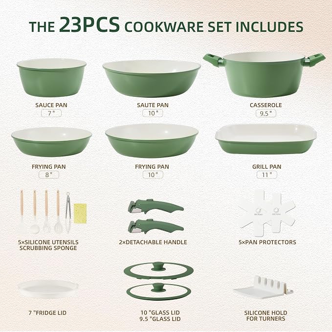BECIGAR 23pcs Ceramic Pots and Pans Set, Nonstick Detachable Handle Cookware - Image 2